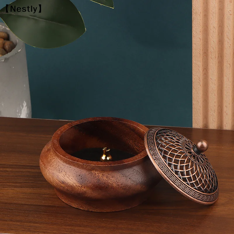 1Pc Walnut Retro Solid Wood Round Incense Burner High-End Atmospheric Home Indoor Incense Burner Chinese Ornaments〔Nest〕